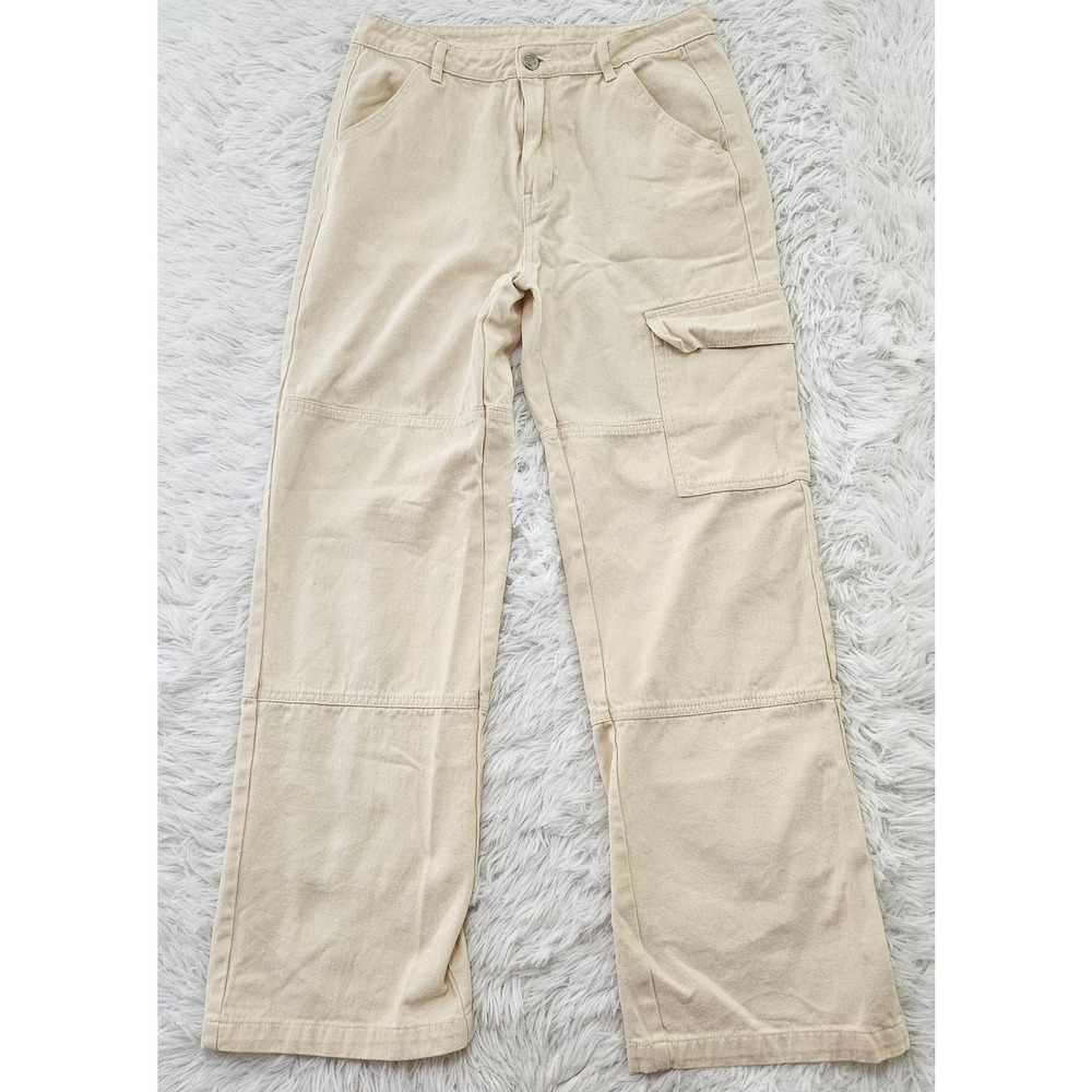 Et Clet Women's Cream High Rise Paneled Cargo Bootcut Pant. Size S